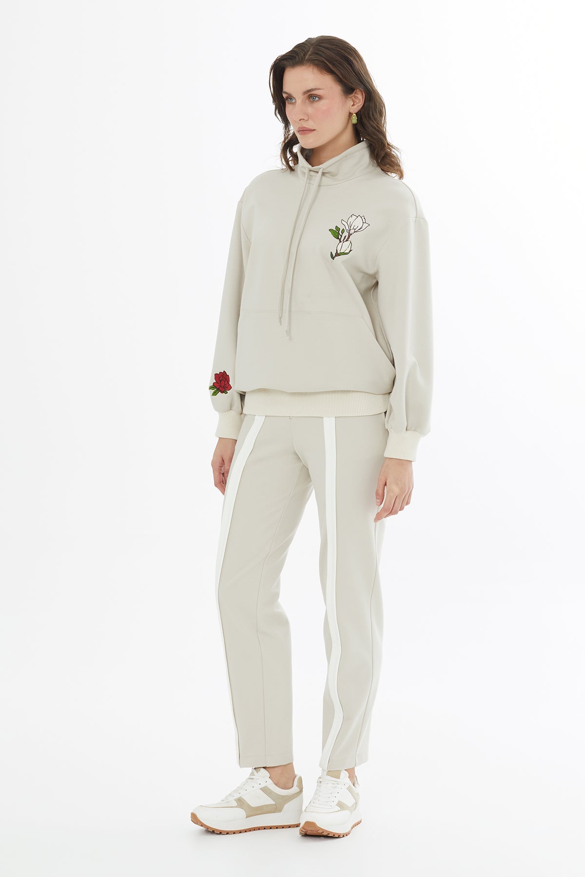 Beige Embroidered Drawstring Knit-Trim Sweatshirt