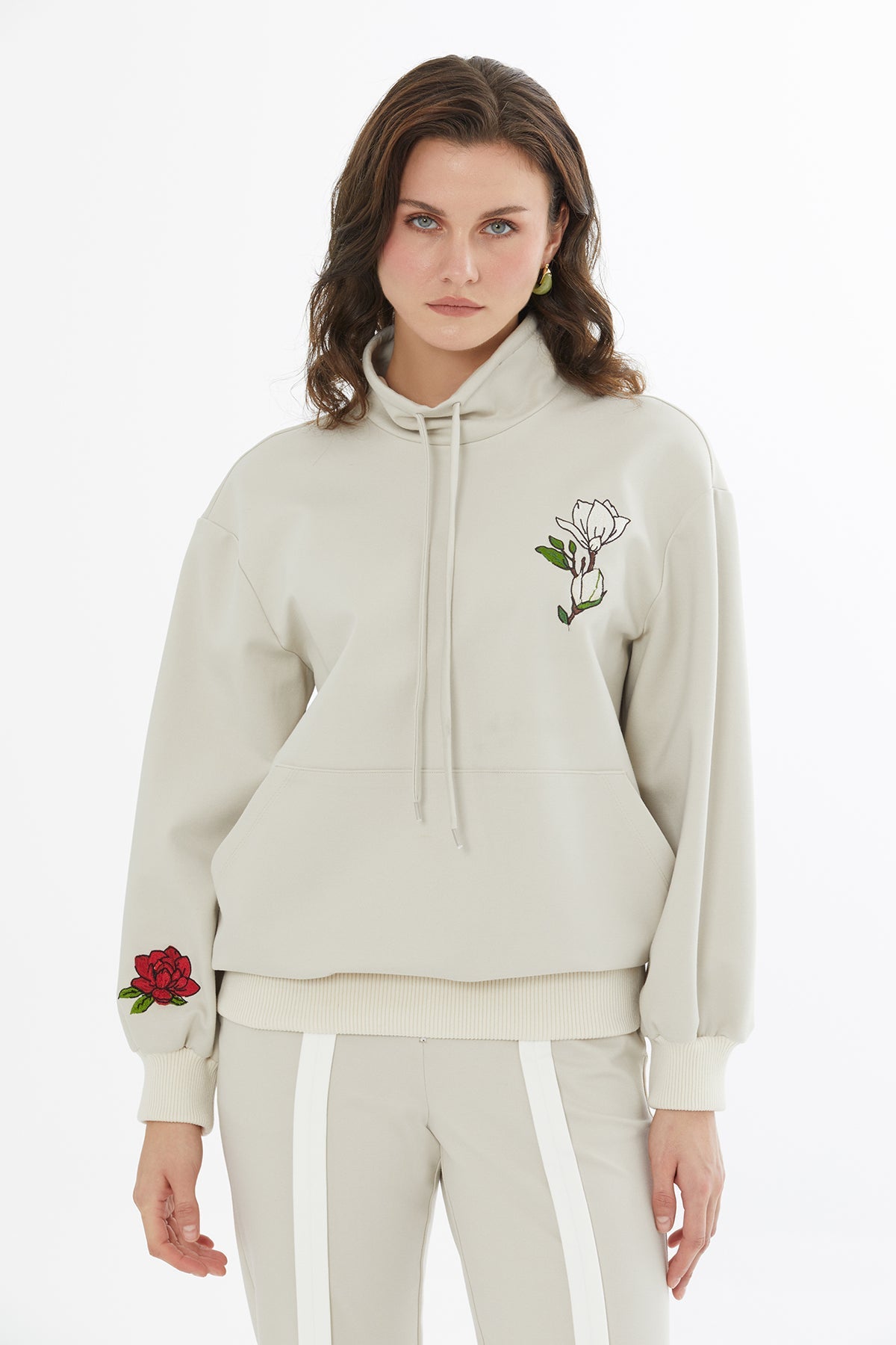Beige Embroidered Drawstring Knit-Trim Sweatshirt