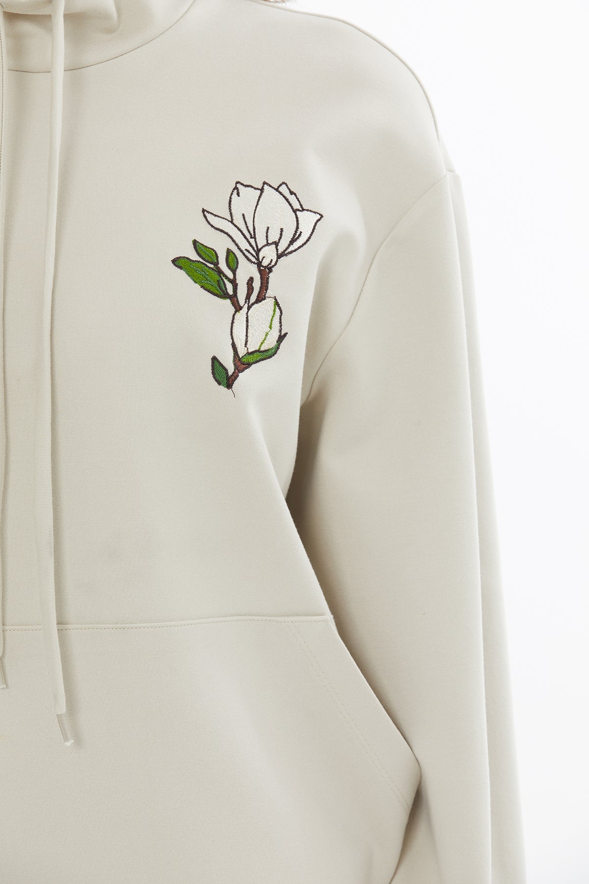 Beige Embroidered Drawstring Knit-Trim Sweatshirt
