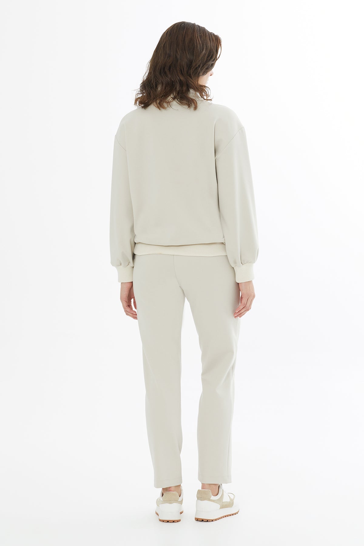 Beige Embroidered Drawstring Knit-Trim Sweatshirt