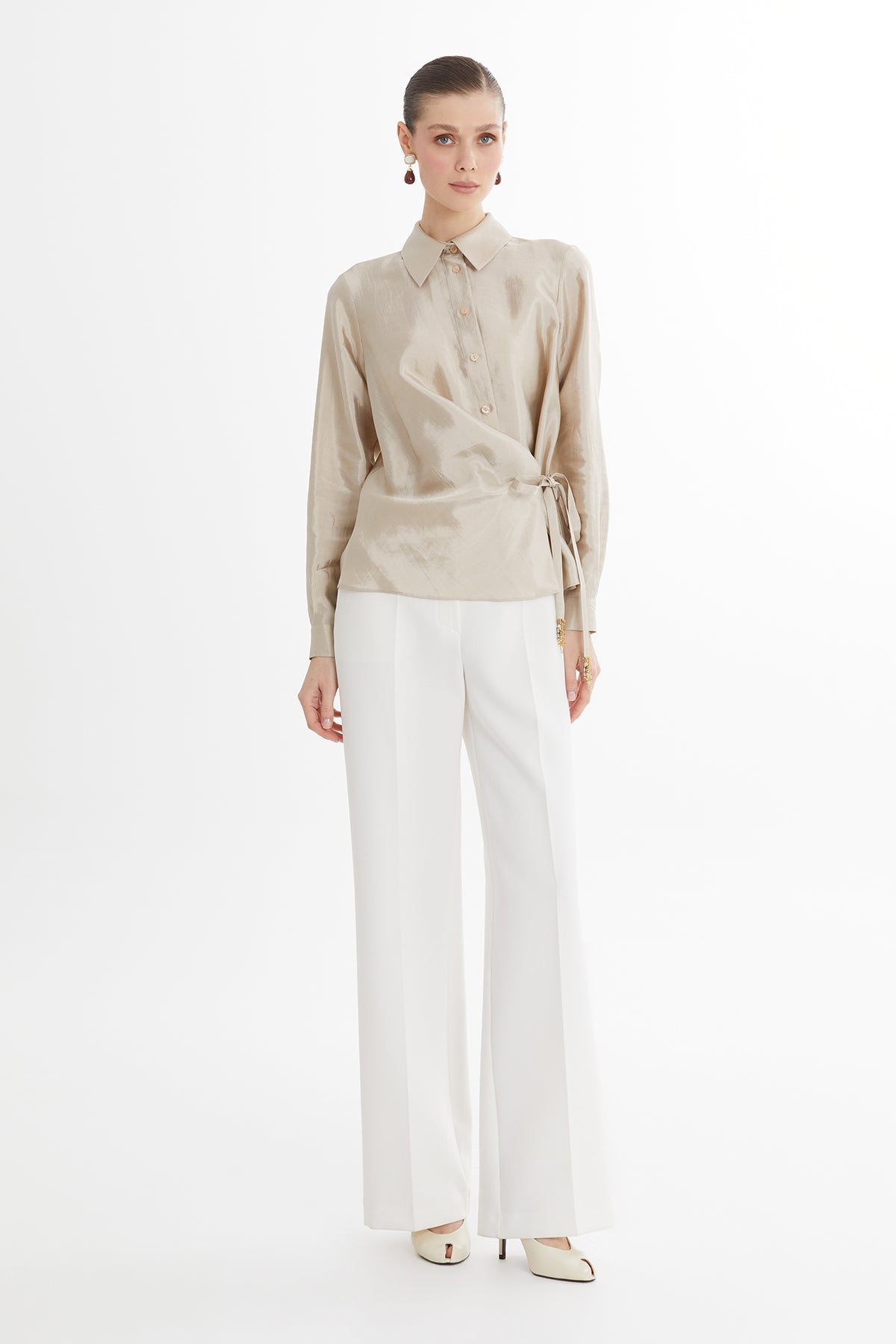 Beige Wrap Tie Shirt