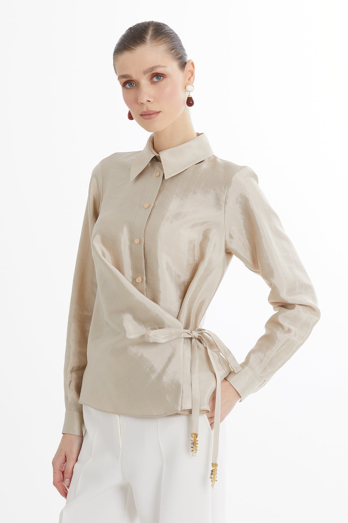 Beige Wrap Tie Shirt