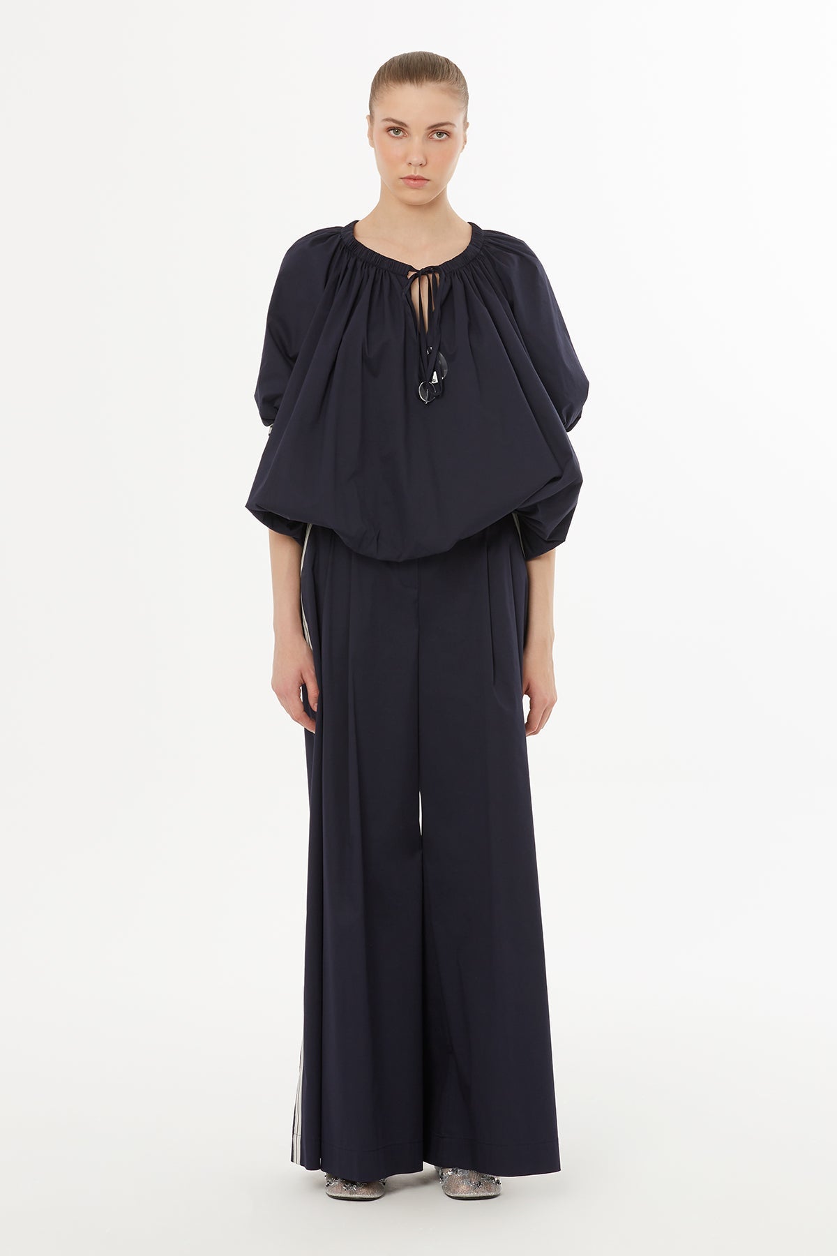 Blue Round-Neck Balloon Sleeve Blouse