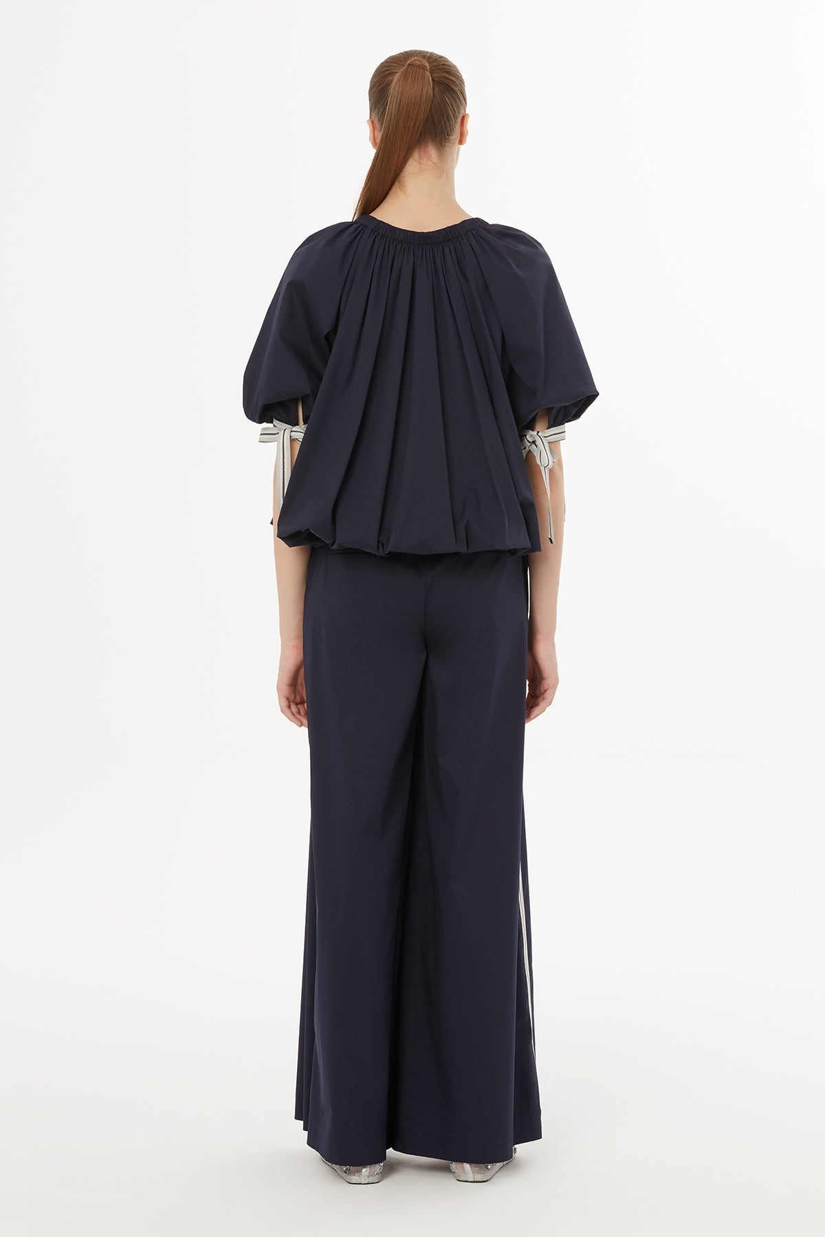 Blue Round-Neck Balloon Sleeve Blouse