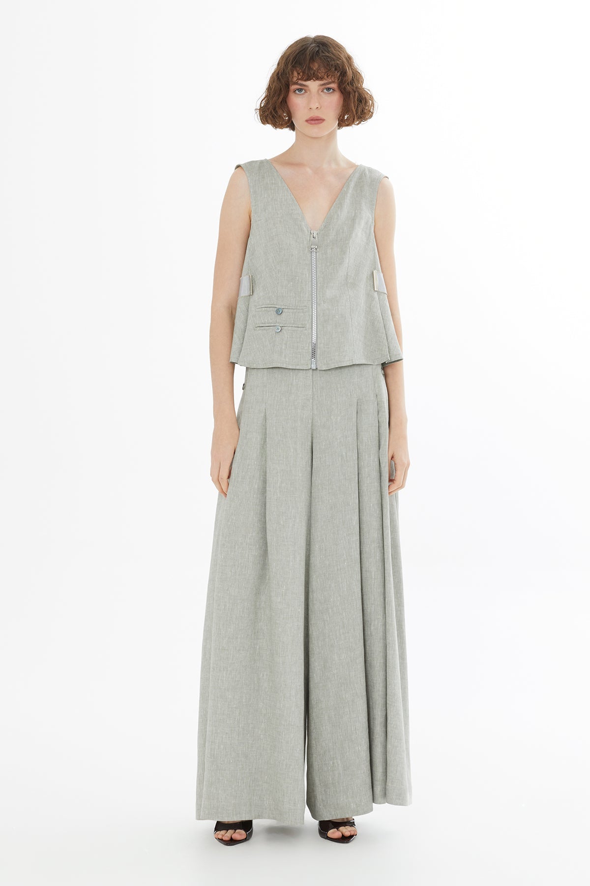 Green Sleeveless Pocket Linen Blouse