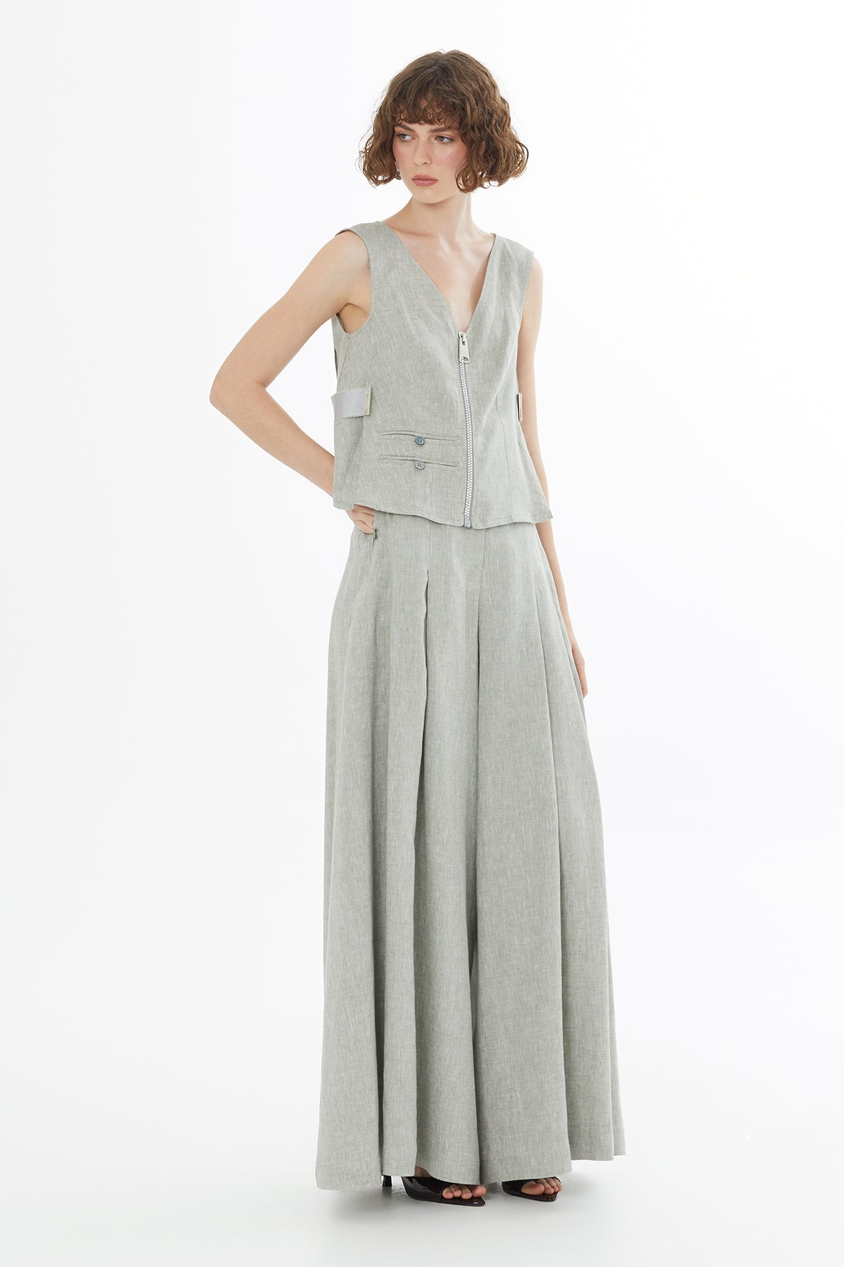 Green Sleeveless Pocket Linen Blouse