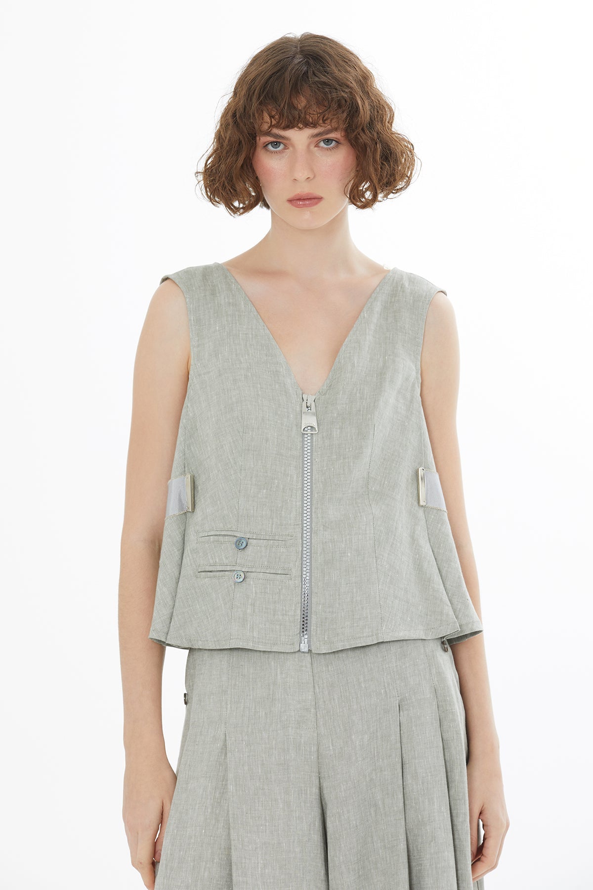 Green Sleeveless Pocket Linen Blouse