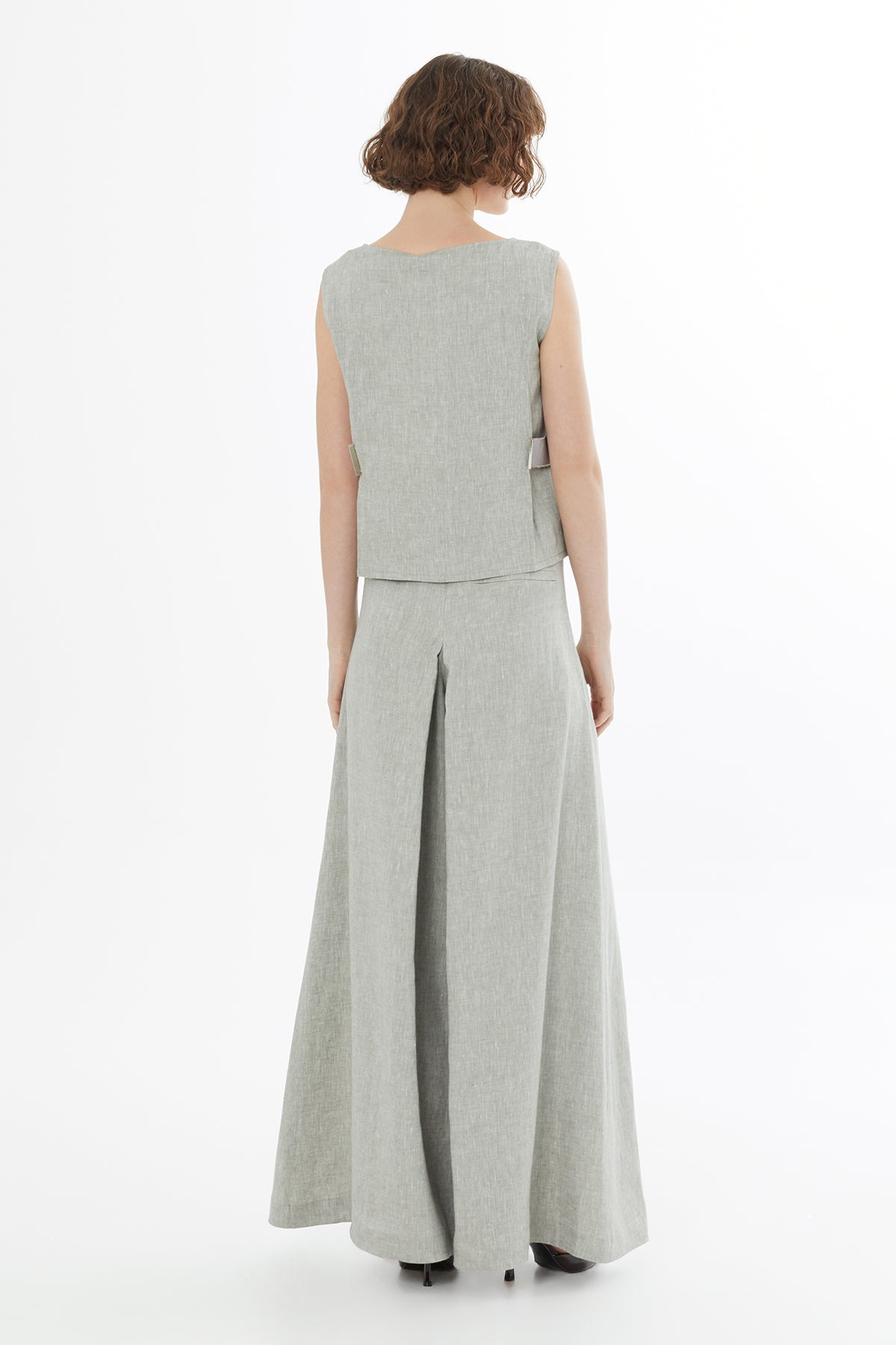 Green Sleeveless Pocket Linen Blouse