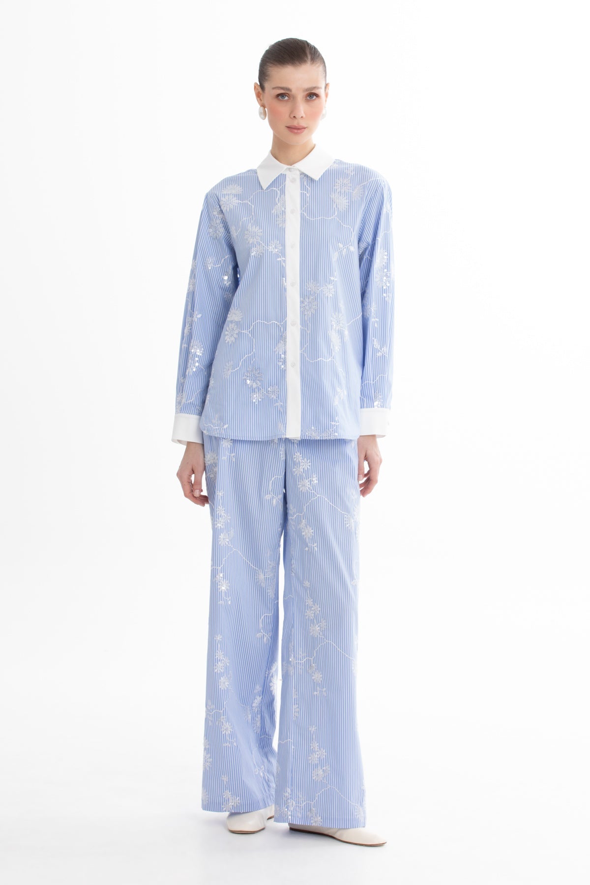 Blue Sequin Embroidered Shirt