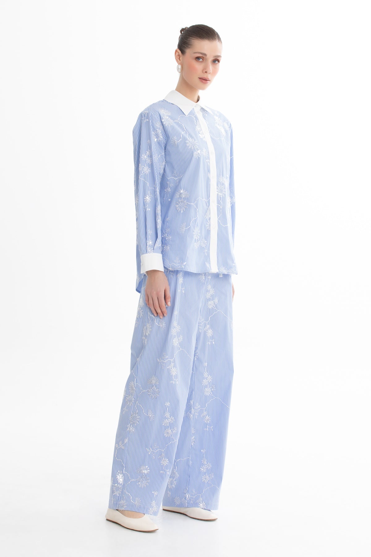 Blue Sequin Embroidered Shirt