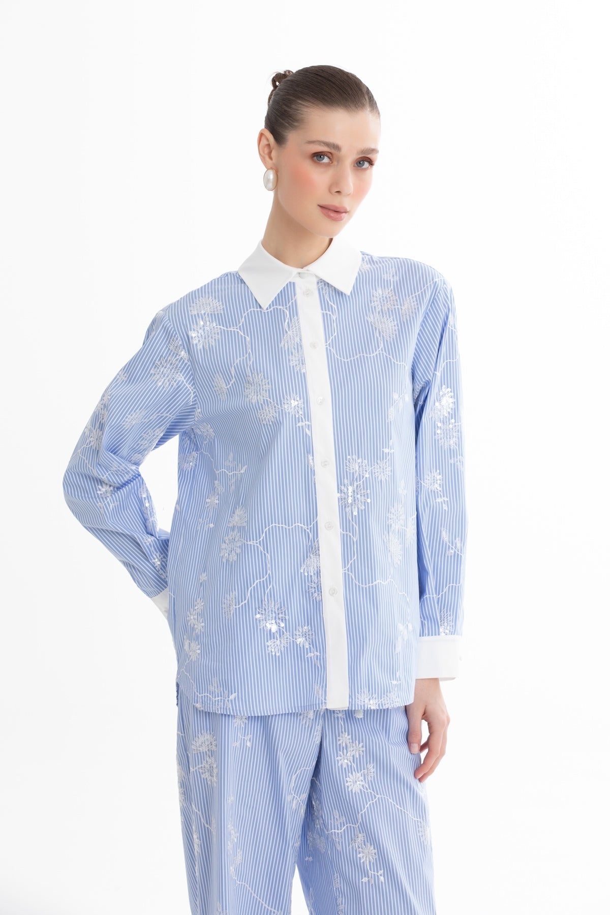 Blue Sequin Embroidered Shirt