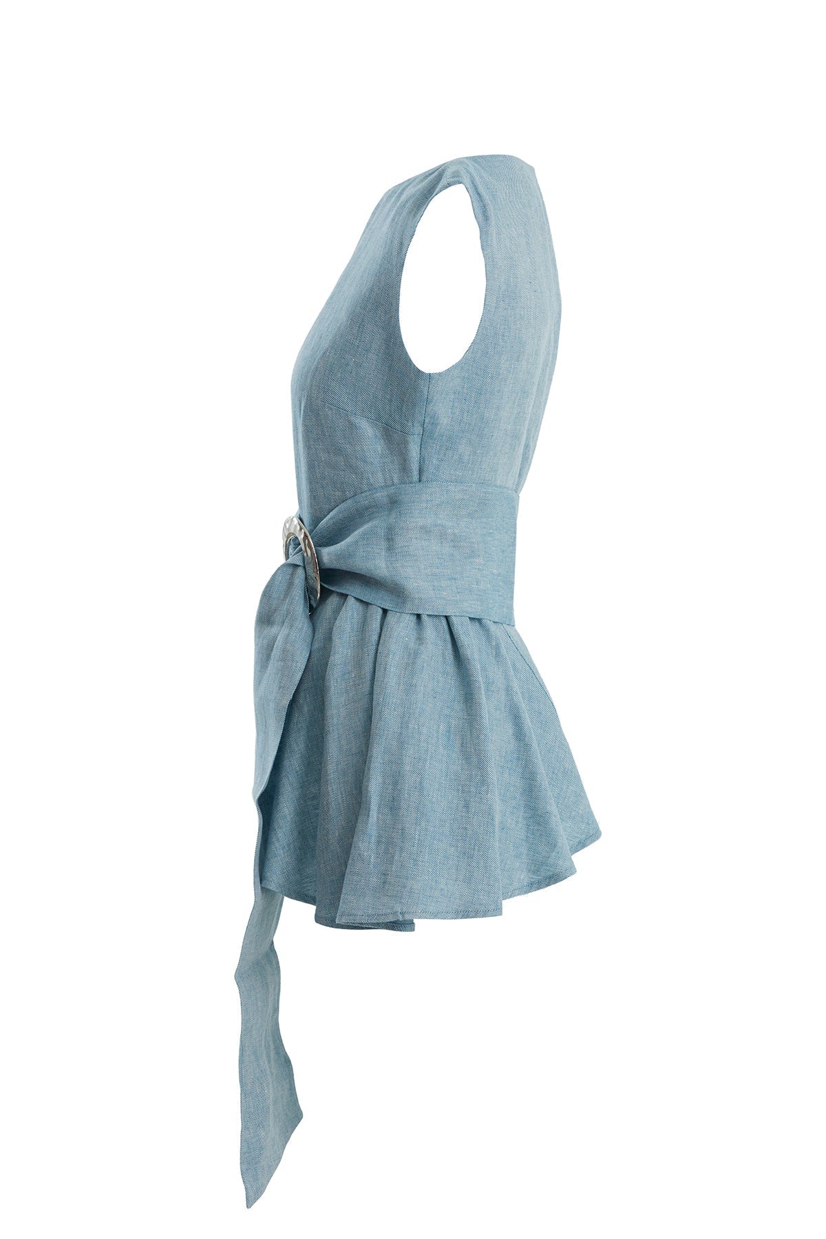 Blue Buckle-Belt Linen Blouse