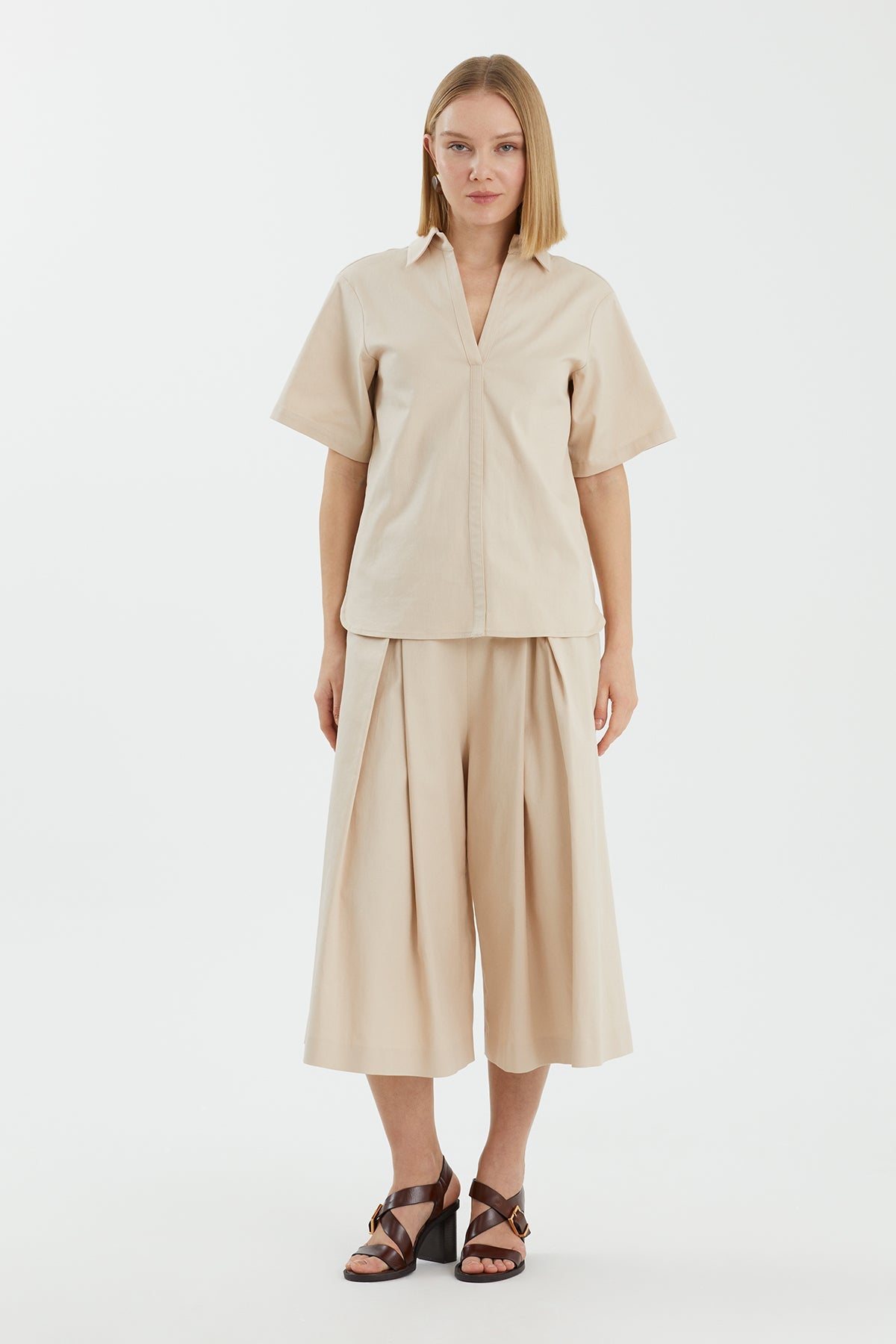 Beige V-Neck Short-Sleeve Blouse