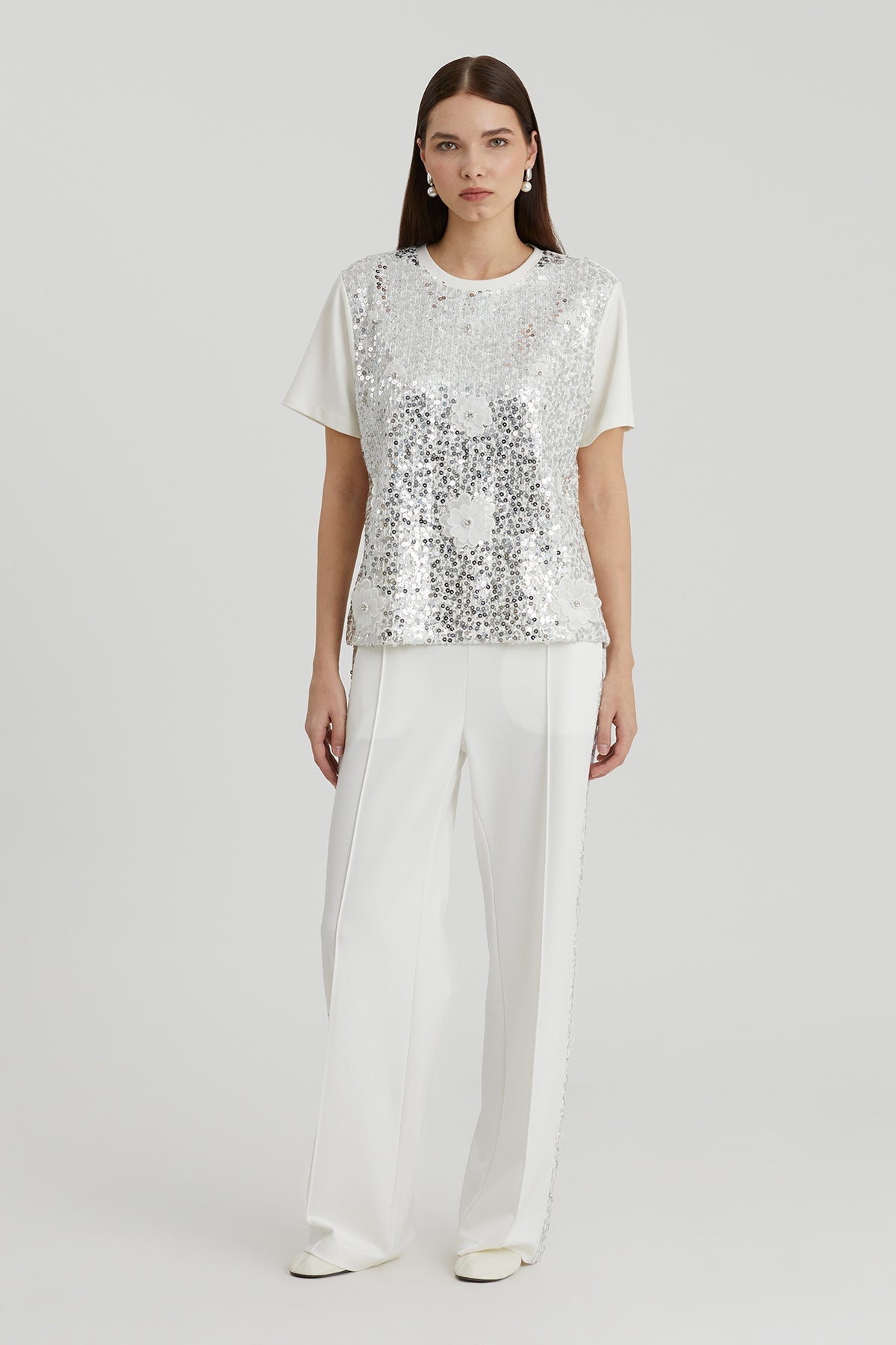 White Floral Embellished Sequin T-Shirt