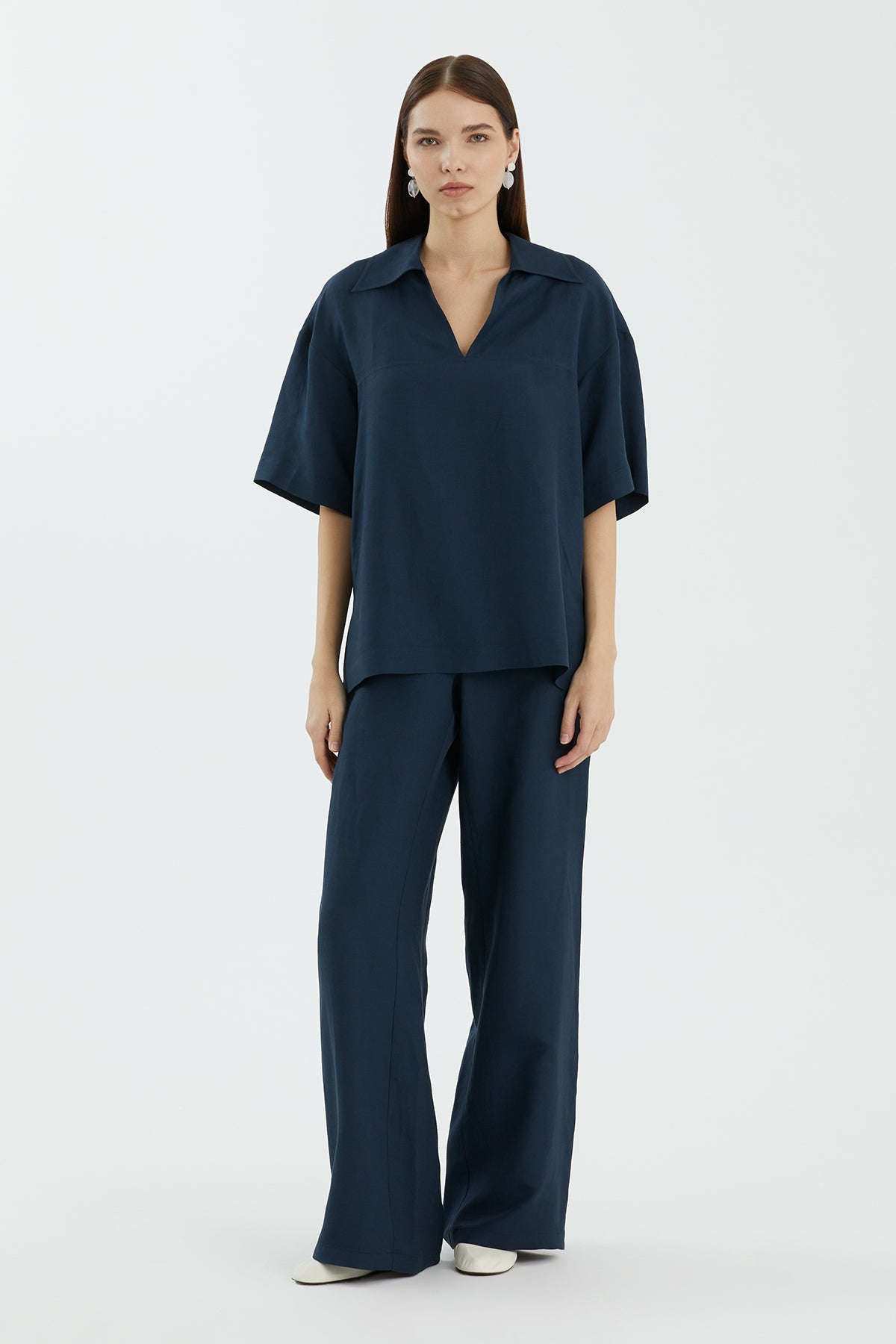 Dark Blue Short-Sleeve V-Neck Blouse