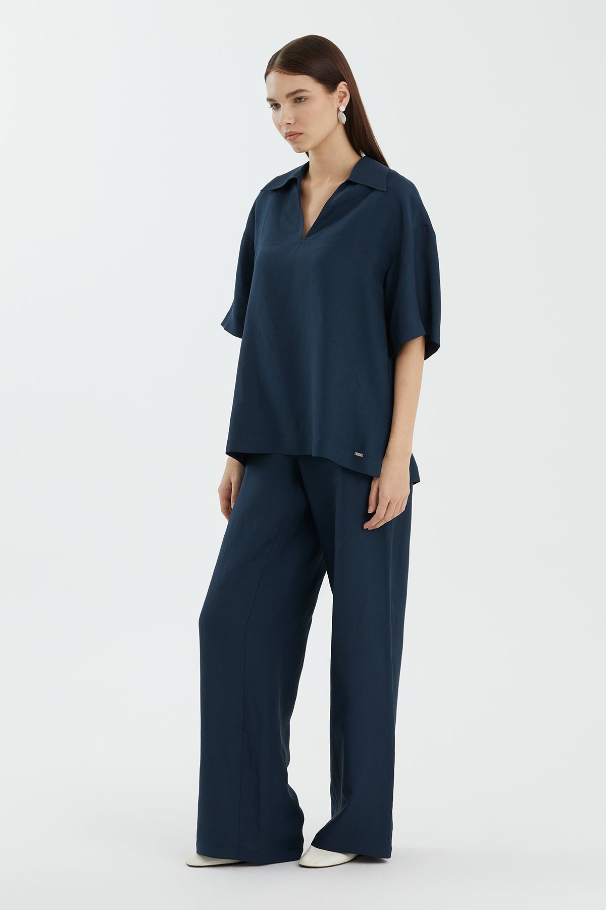Dark Blue Short-Sleeve V-Neck Blouse