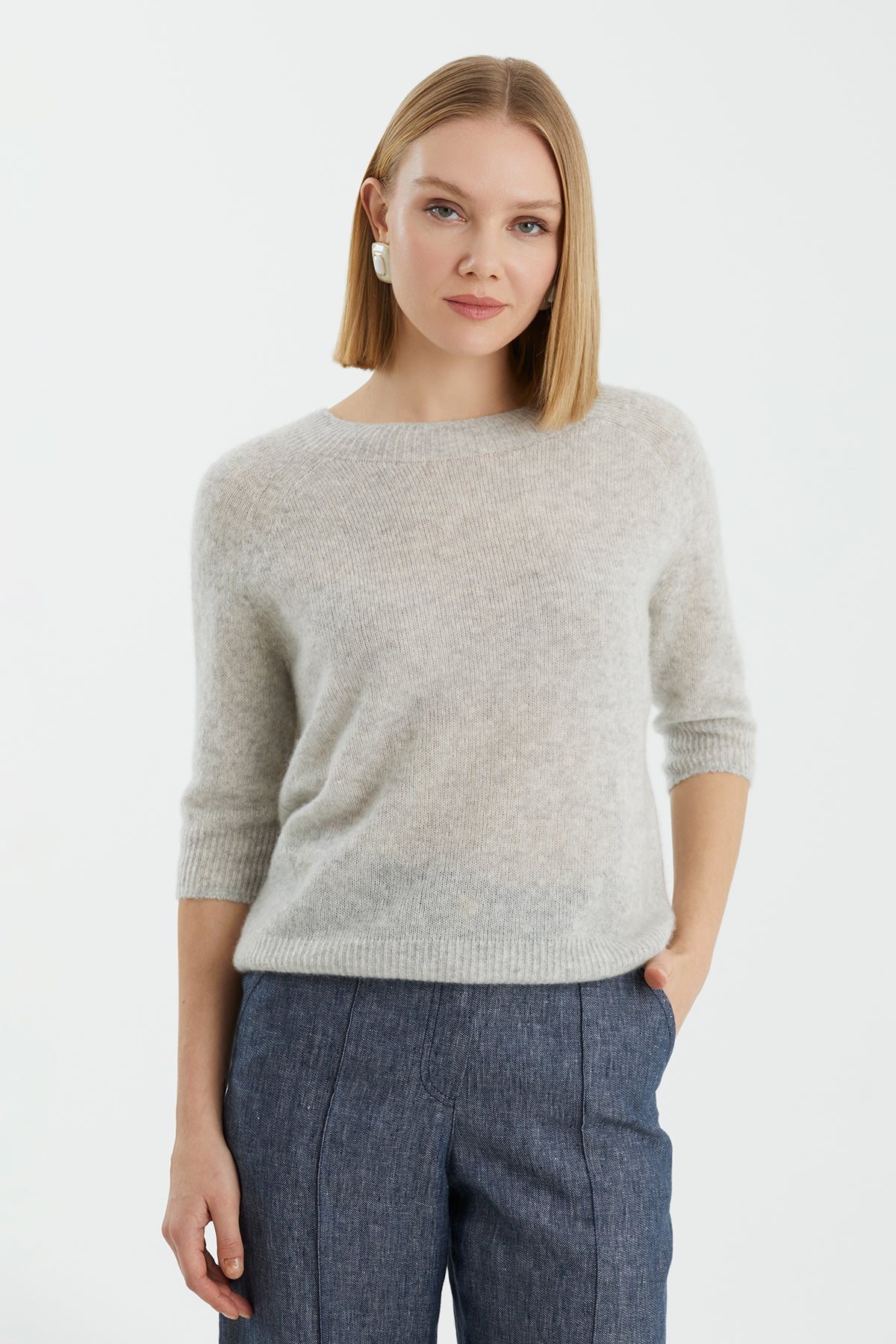 Grey Cashmere-Silk Blend Crewneck Knit
