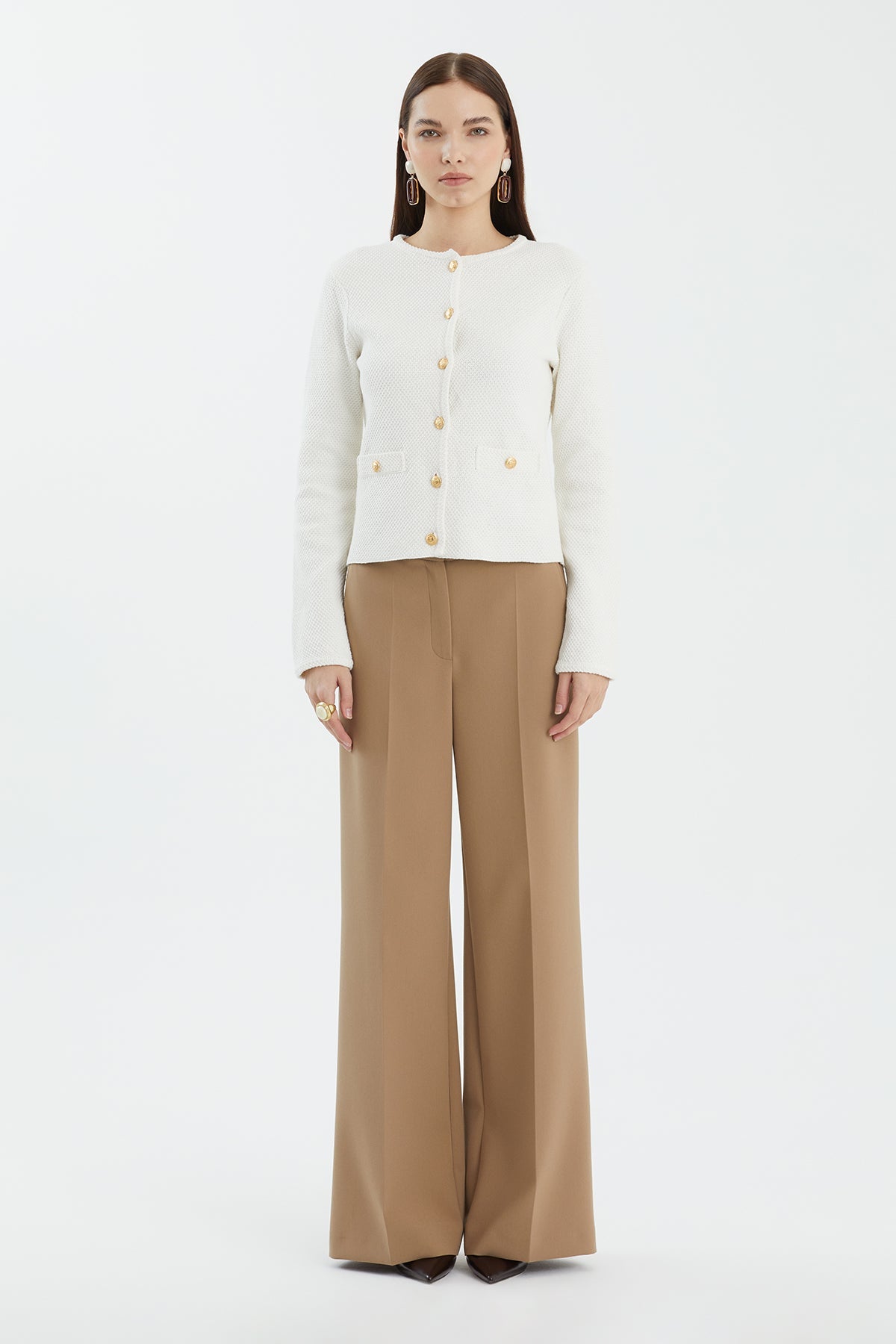 White Buttoned Crew Neck Knit