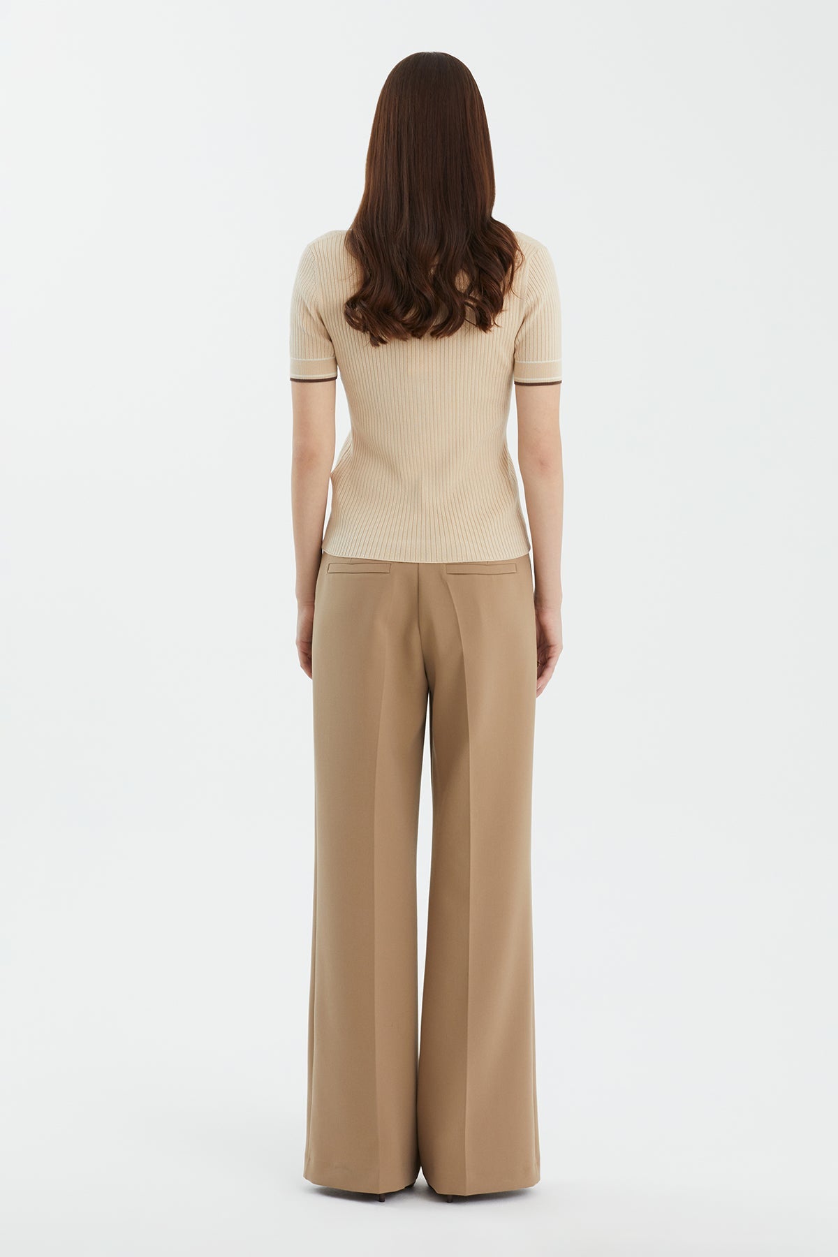 Beige Shirt Collar Short Sleeve Knit Top