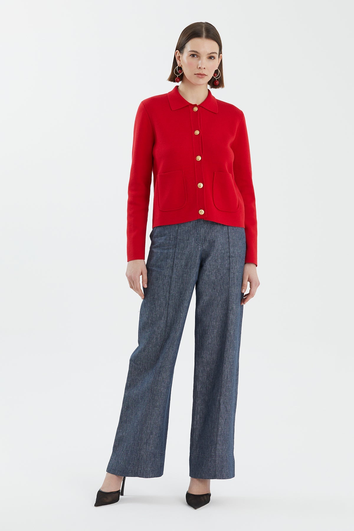 Red Buttoned Polo Neck Knit
