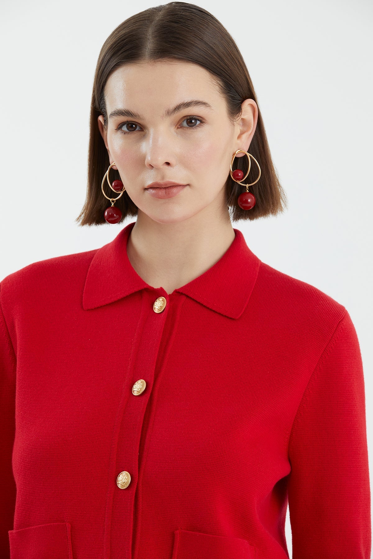 Red Buttoned Polo Neck Knit