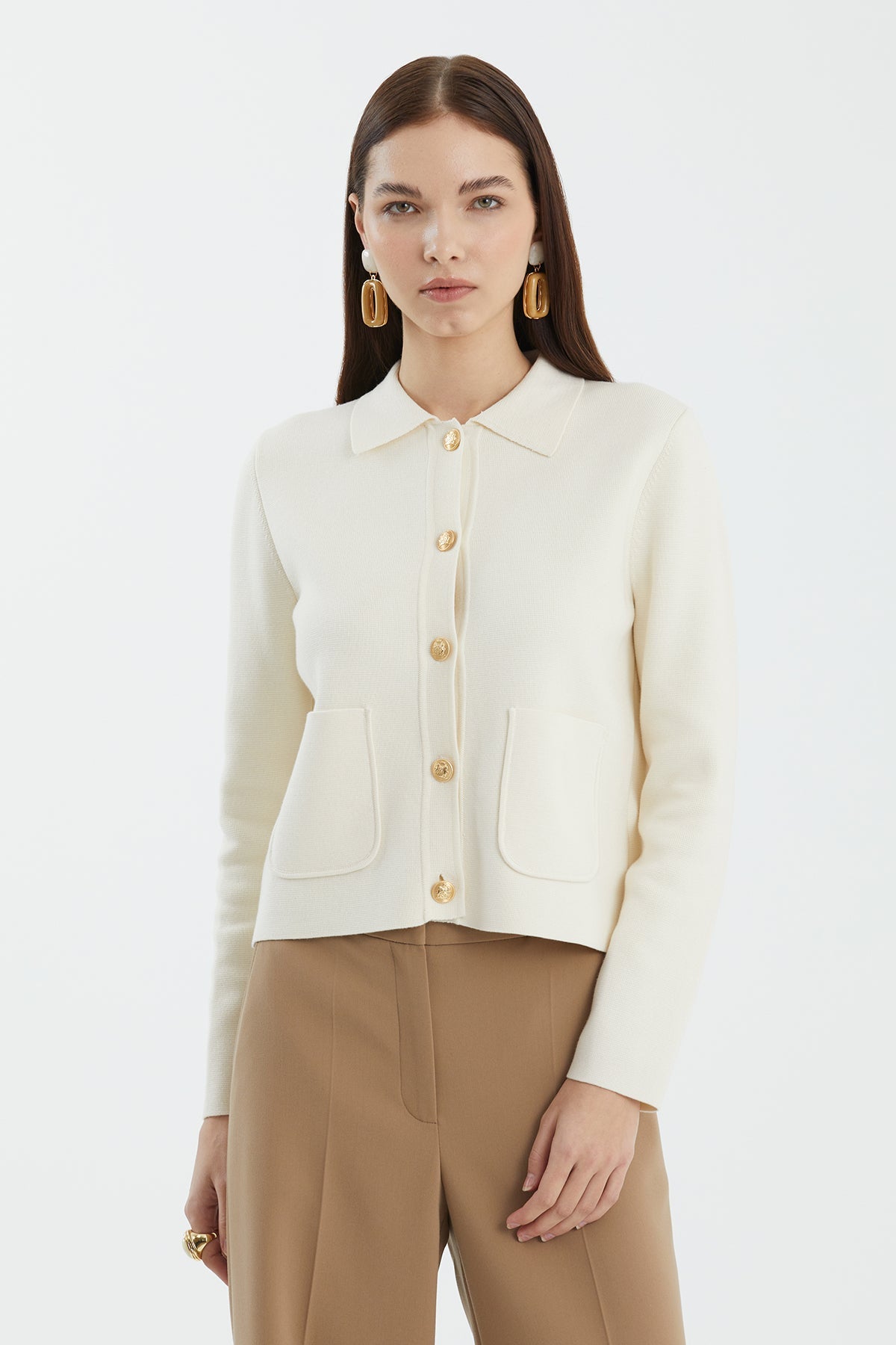 White Buttoned Polo Neck Knit