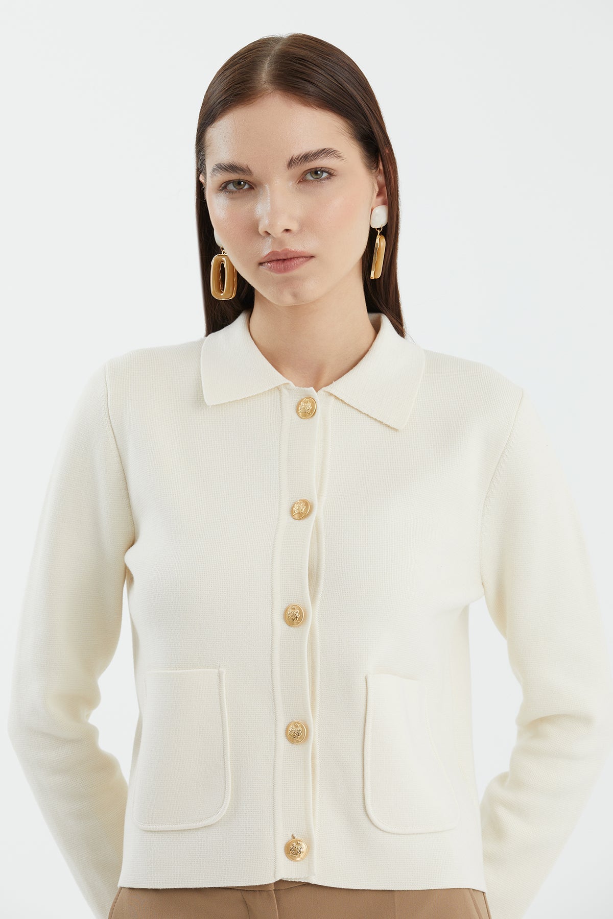 White Buttoned Polo Neck Knit