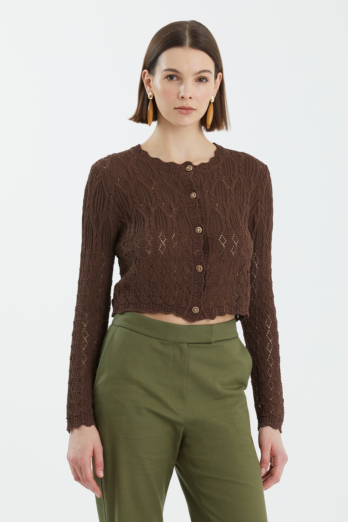 Brown Patterned Buttoned Knit