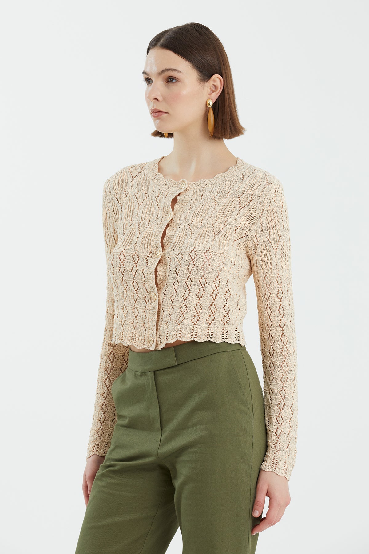 Beige Patterned Buttoned Knit
