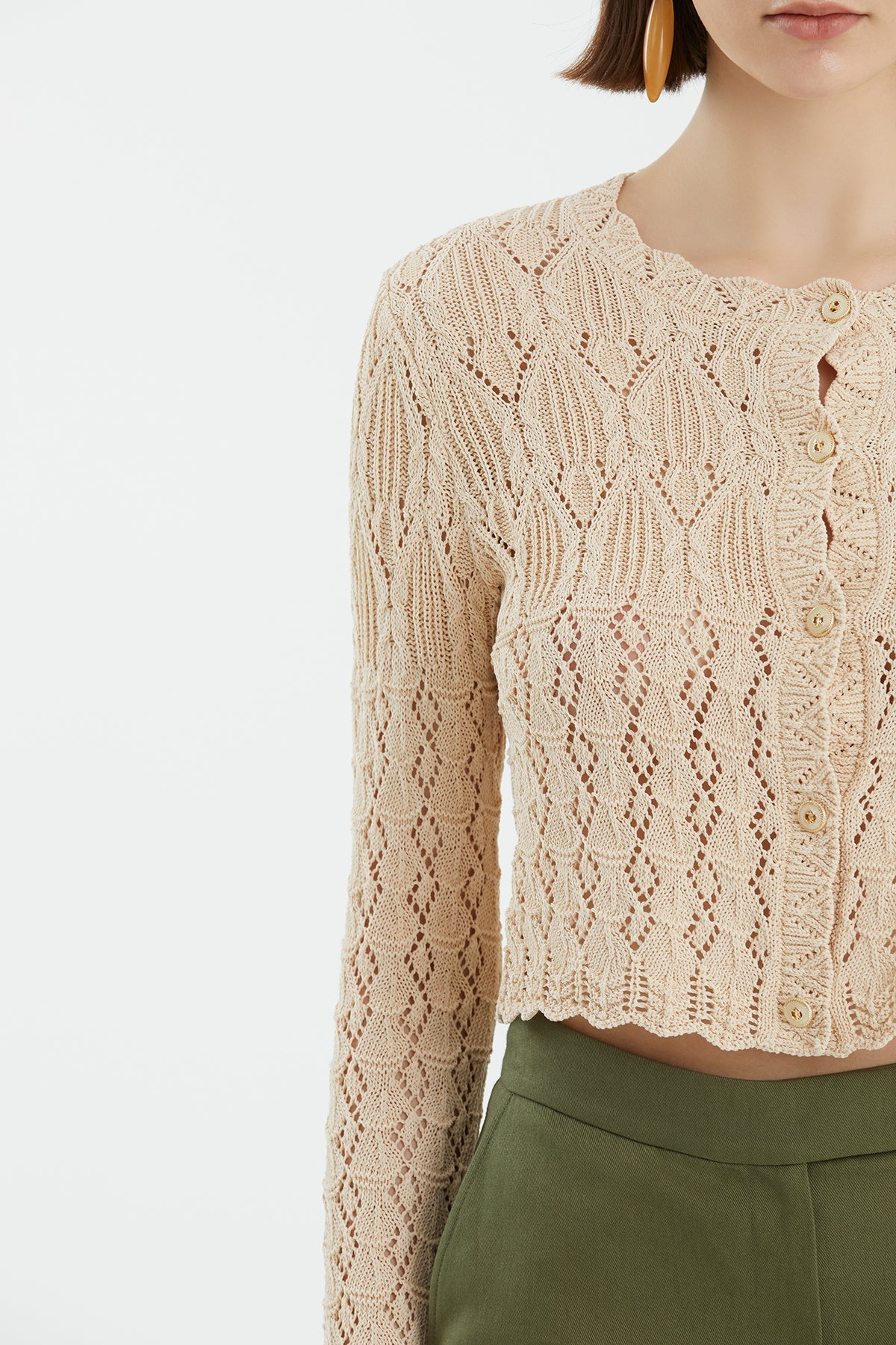 Beige Patterned Buttoned Knit
