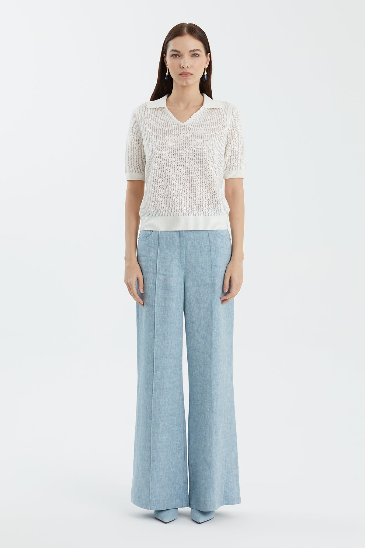 White Wool-Blend Polo Neck Knit