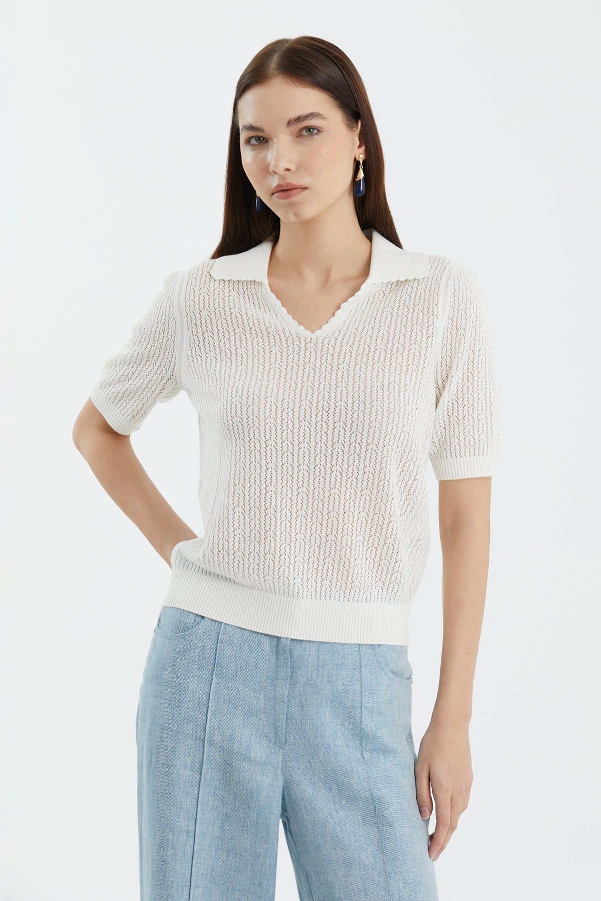 White Wool-Blend Polo Neck Knit