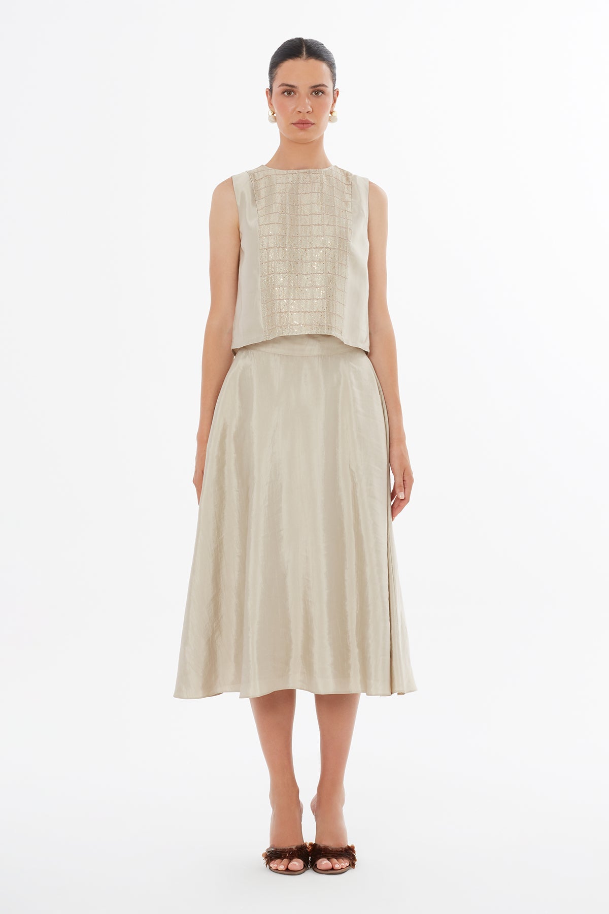 Beige Zip-Closure Midi Skirt