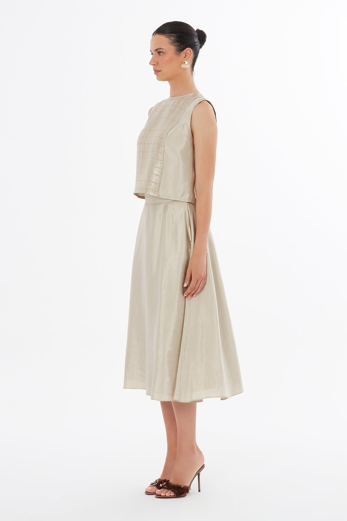 Beige Zip-Closure Midi Skirt