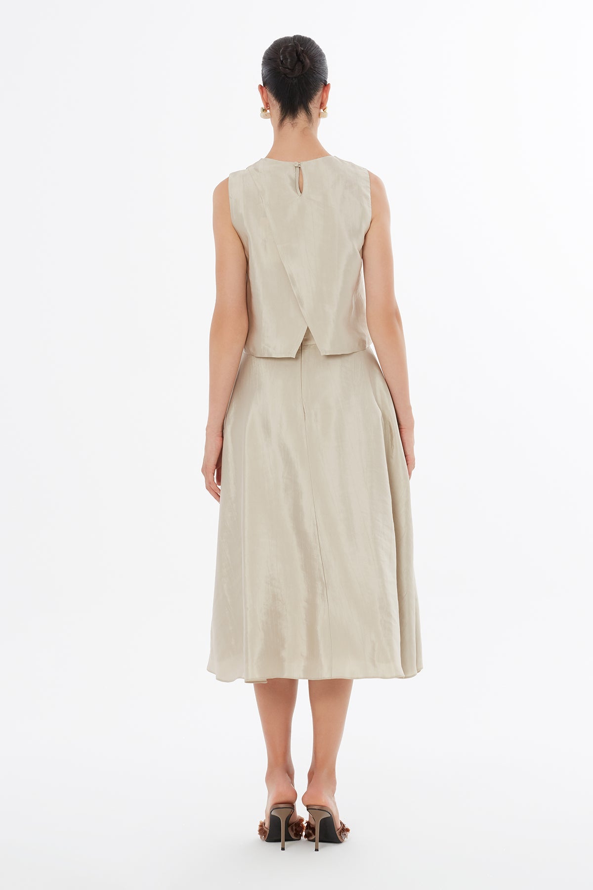 Beige Zip-Closure Midi Skirt