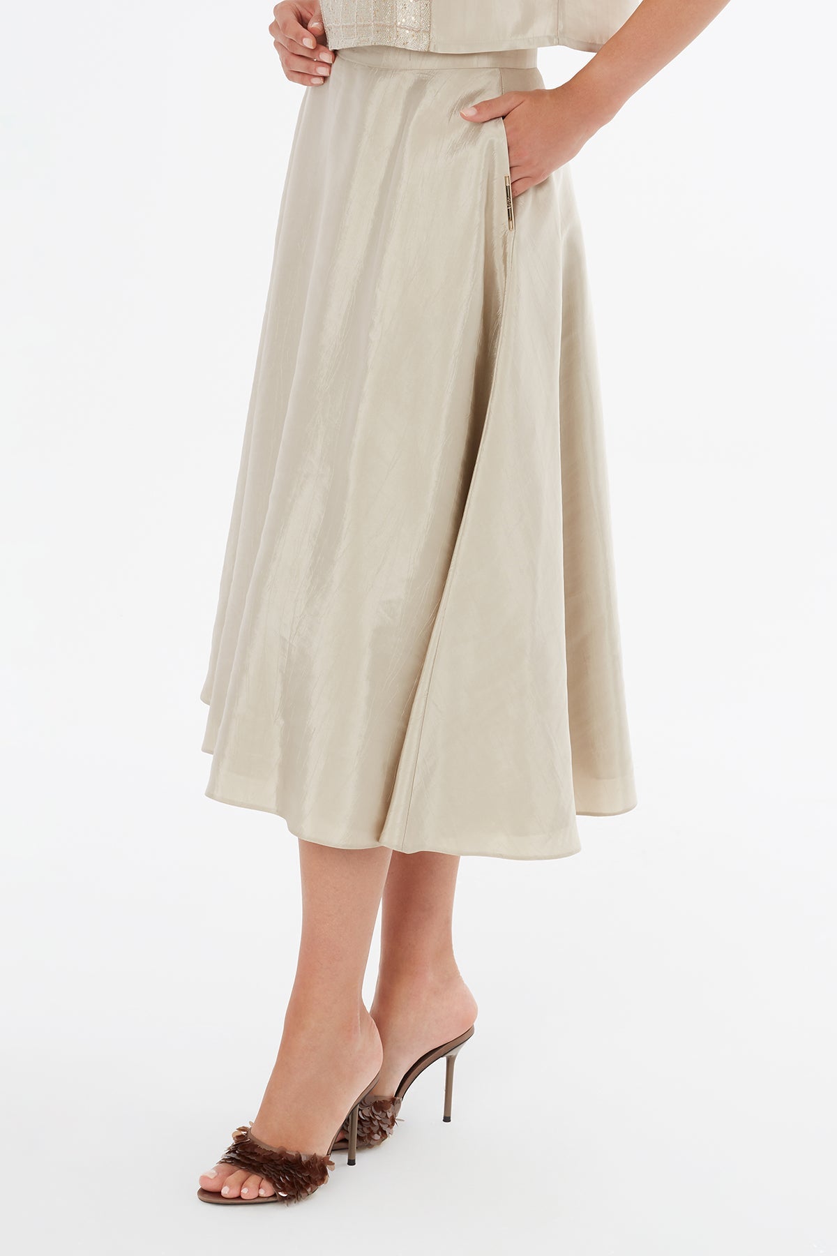 Beige Zip-Closure Midi Skirt