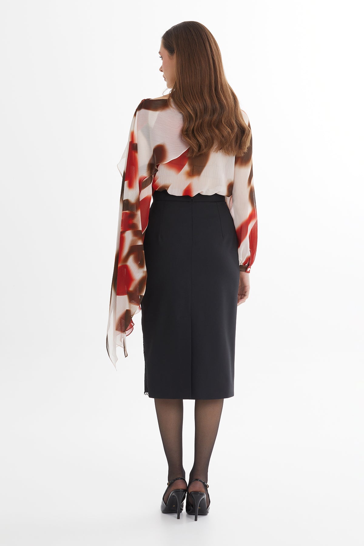 Black Lace-Detail Wool-Blend Midi Skirt