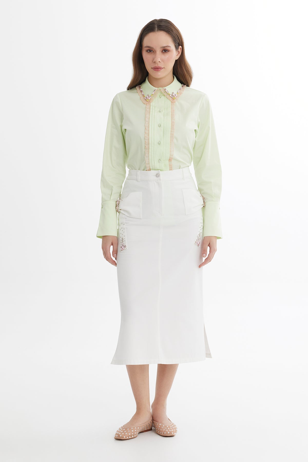Ecru Bow Detail Embroidered Midi Skirt