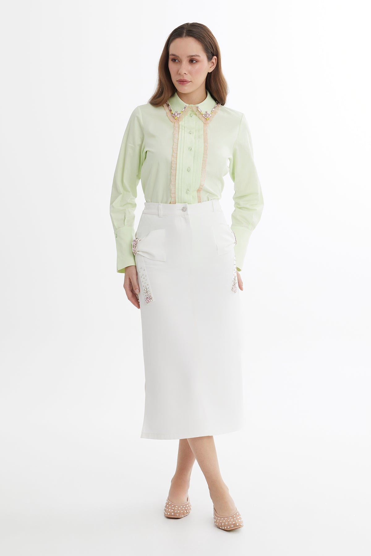 Ecru Bow Detail Embroidered Midi Skirt