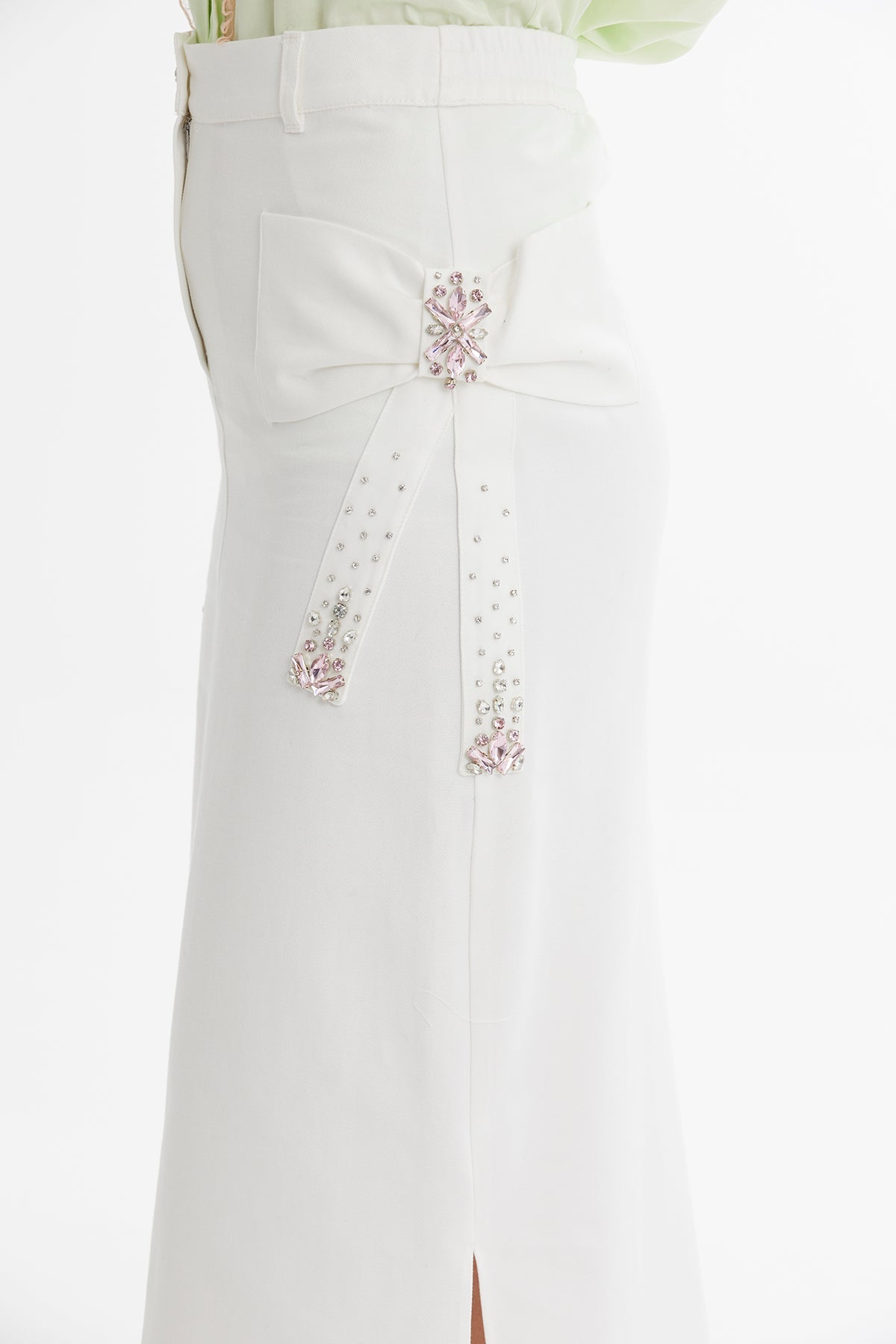 Ecru Bow Detail Embroidered Midi Skirt