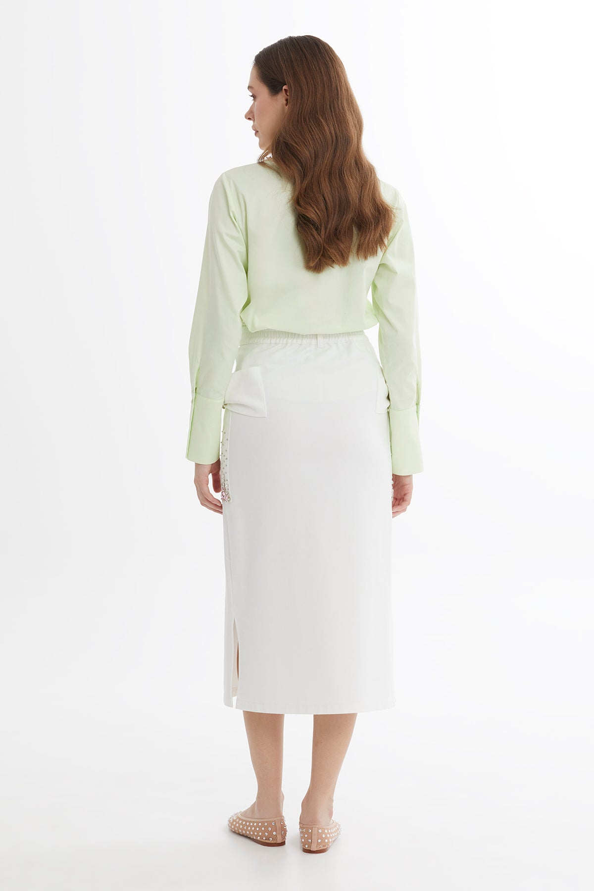 Ecru Bow Detail Embroidered Midi Skirt