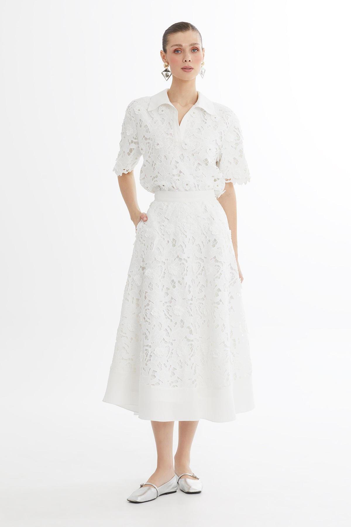 White Printed Ruffle Midi Skirt