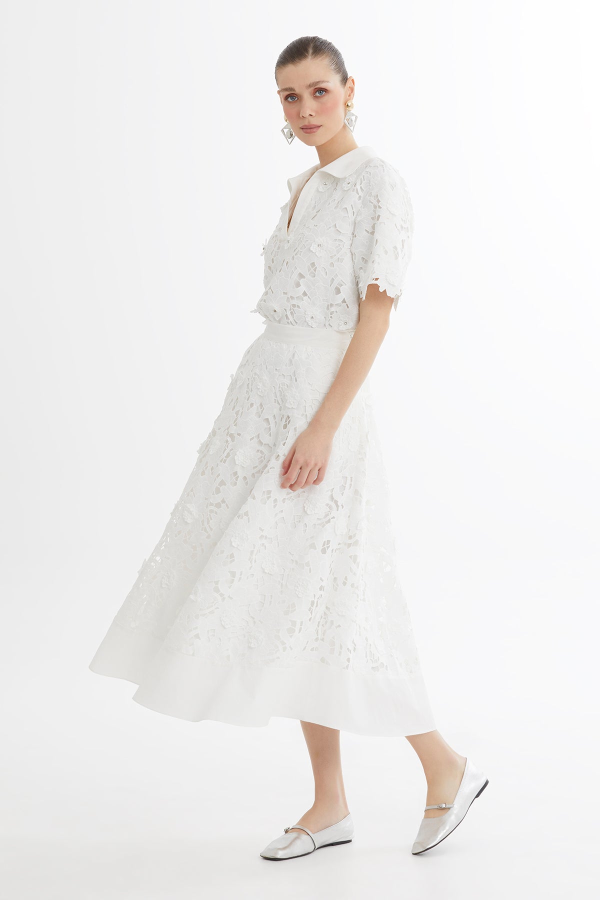 White Printed Ruffle Midi Skirt