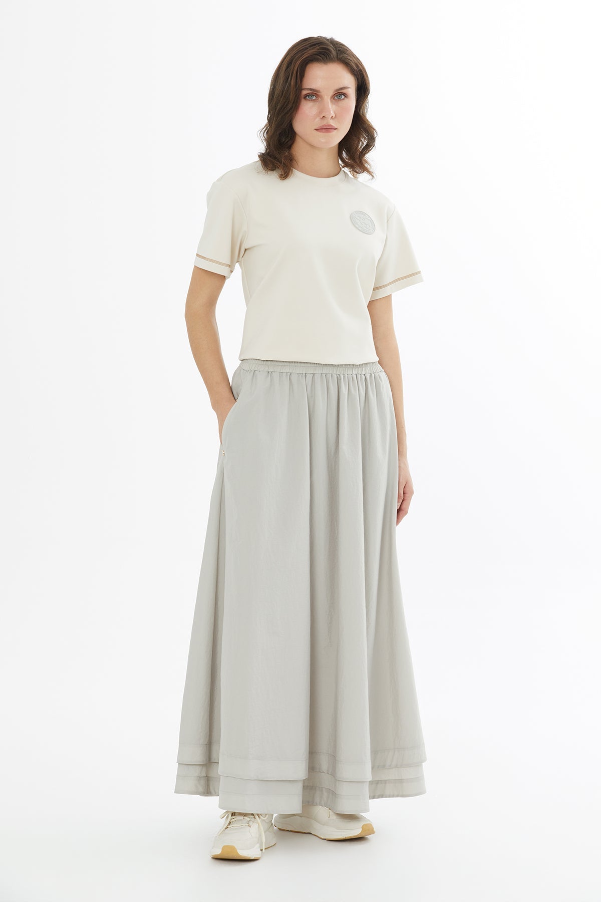 Beige Elastic Waist Maxi Skirt