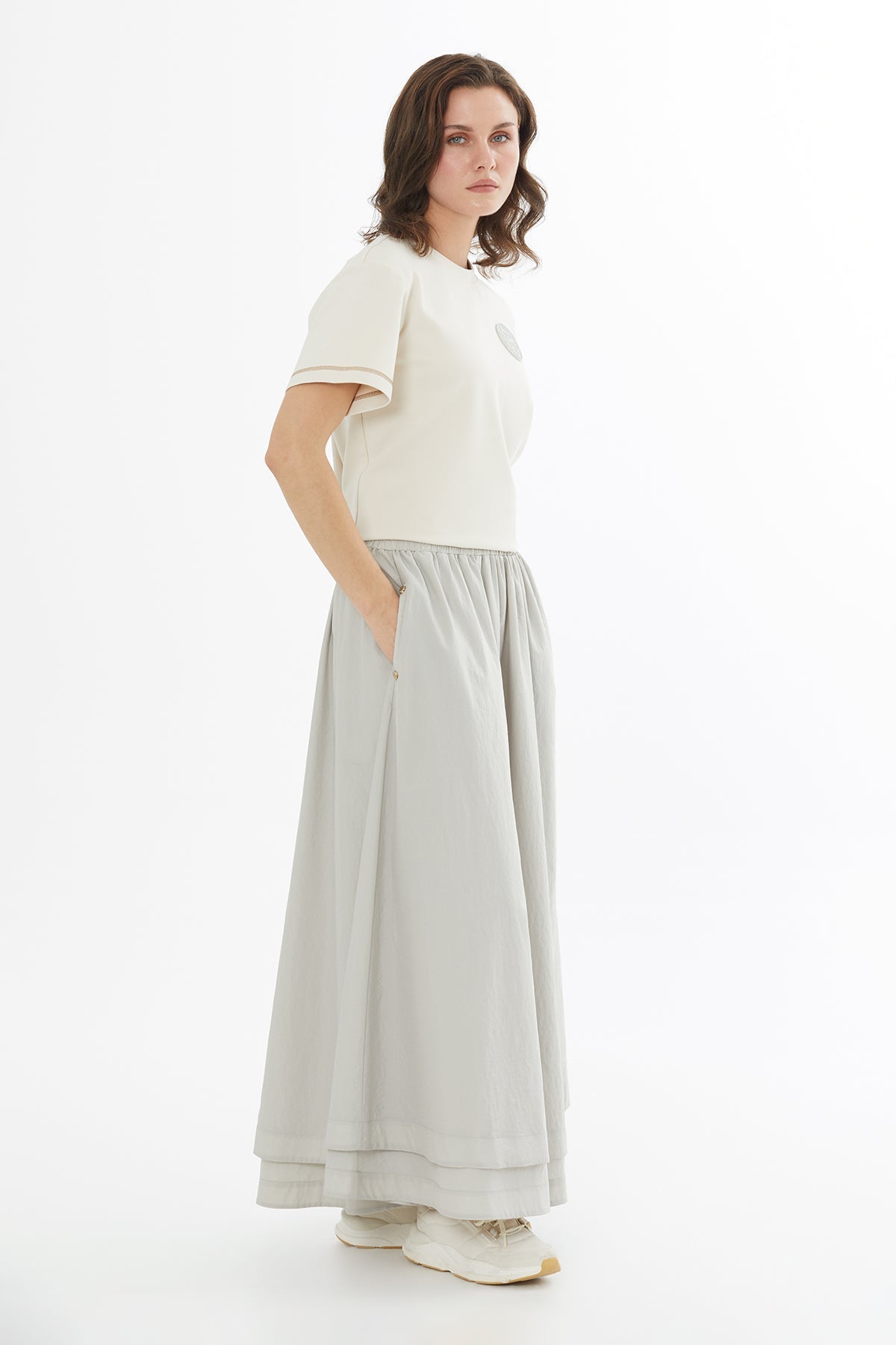 Beige Elastic Waist Maxi Skirt