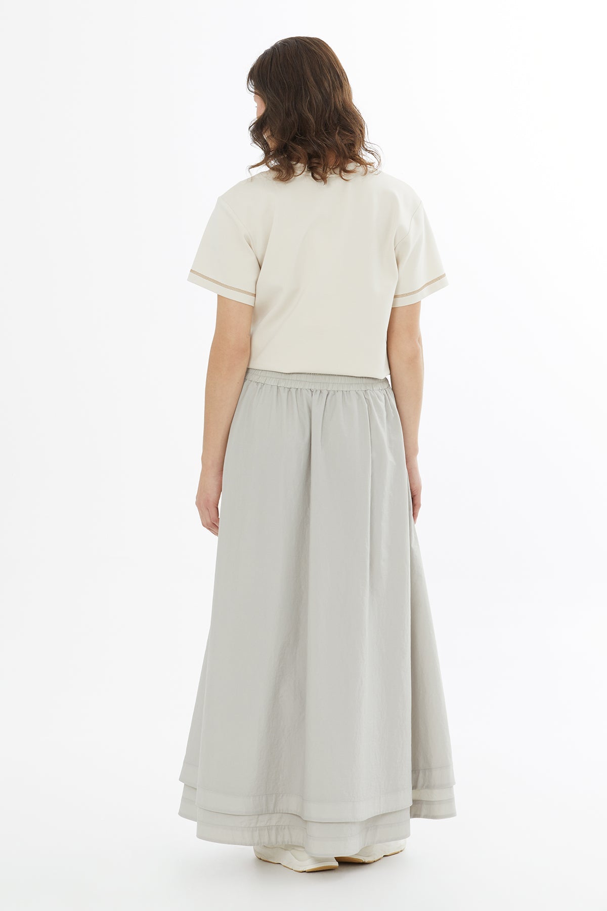 Beige Elastic Waist Maxi Skirt