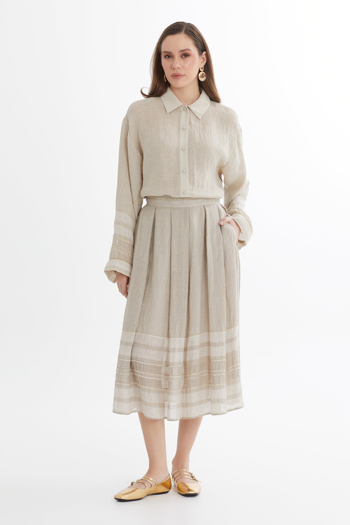 Beige Striped Midi Skirt N