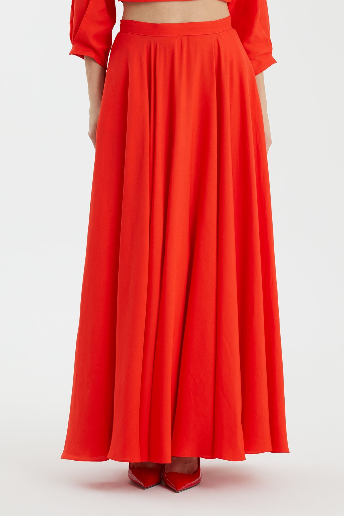 Red Pleated Long Skirt