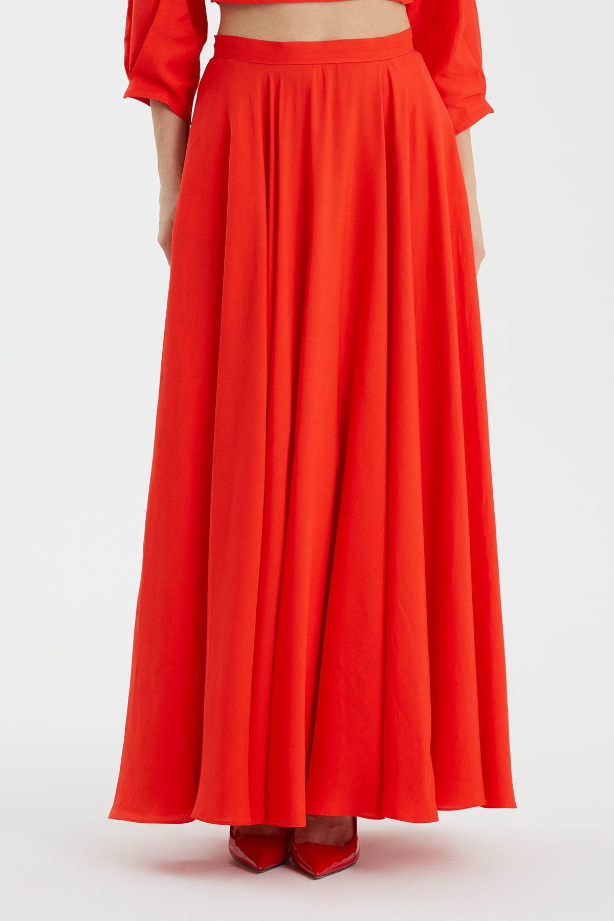 Red Pleated Long Skirt