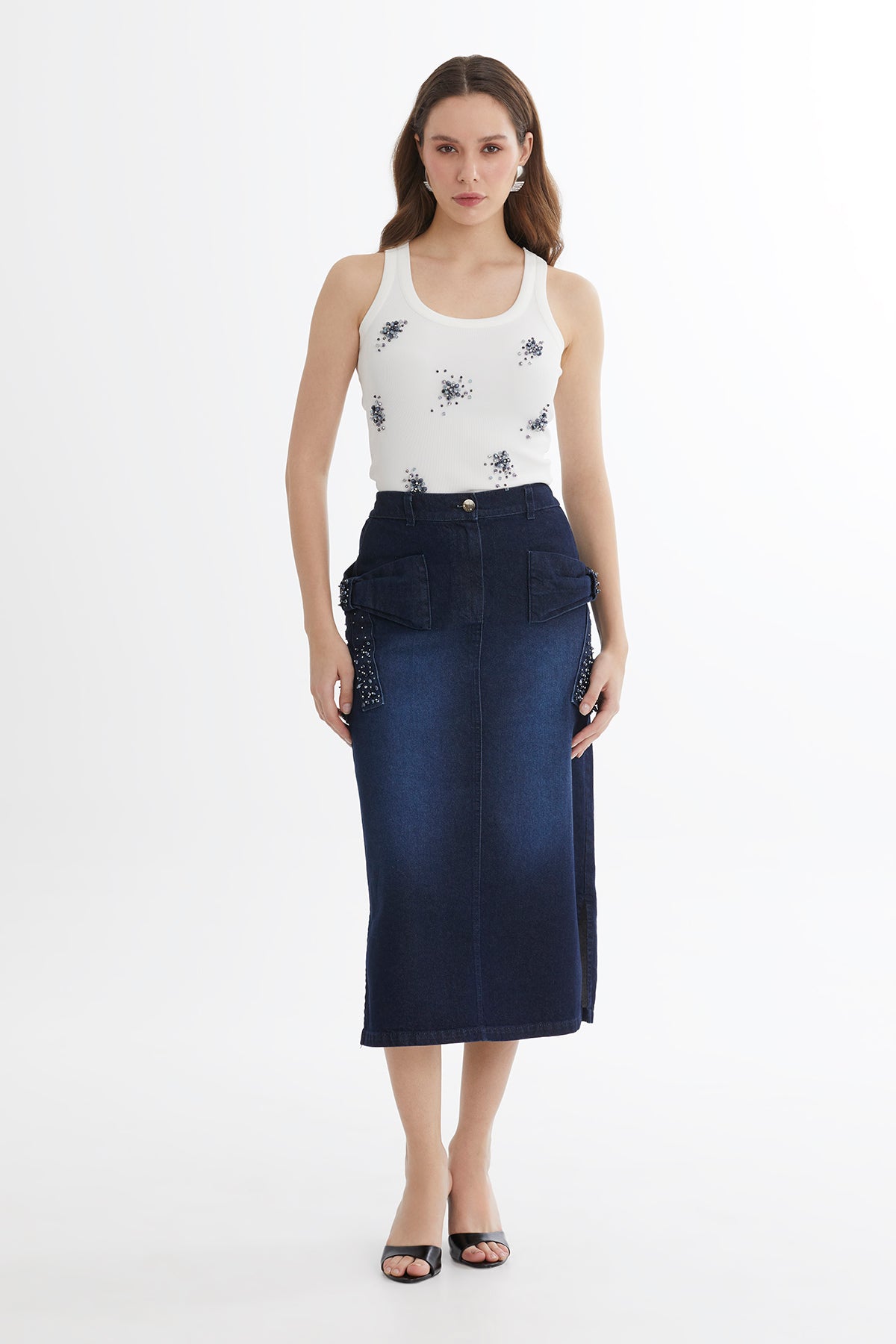 Blue Bow Detail Denim Midi Skirt